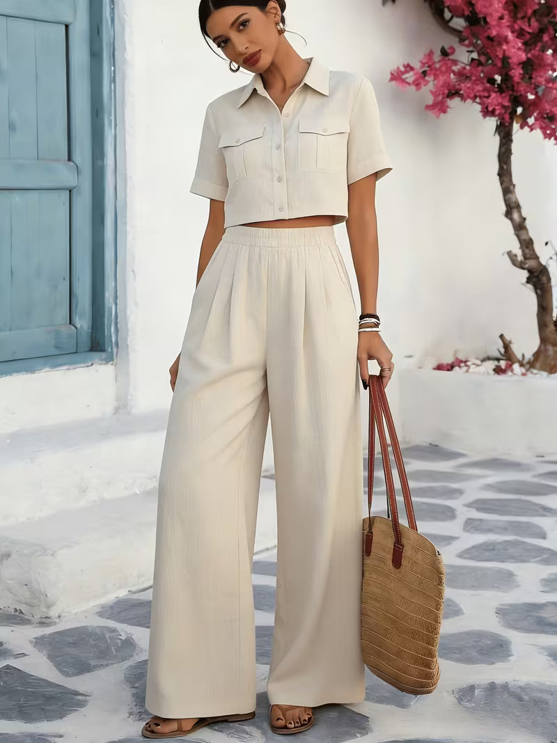 Linen Crop Set – Reverskragen & Weithose – Cream